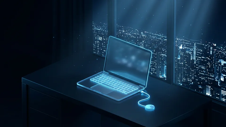 Minh họa chiếc laptop trước cửa sổ thành phố ban đêm, gắn với một nguồn lương duy nhất